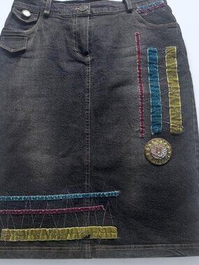 Ella Cavaletti Y2K Embellished Denim Midi Skirt Velvet w/ Brooch M